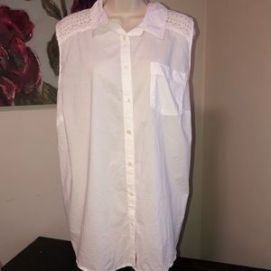 Bright White sleeveless button down blouse with eyelet design on shoulders &back